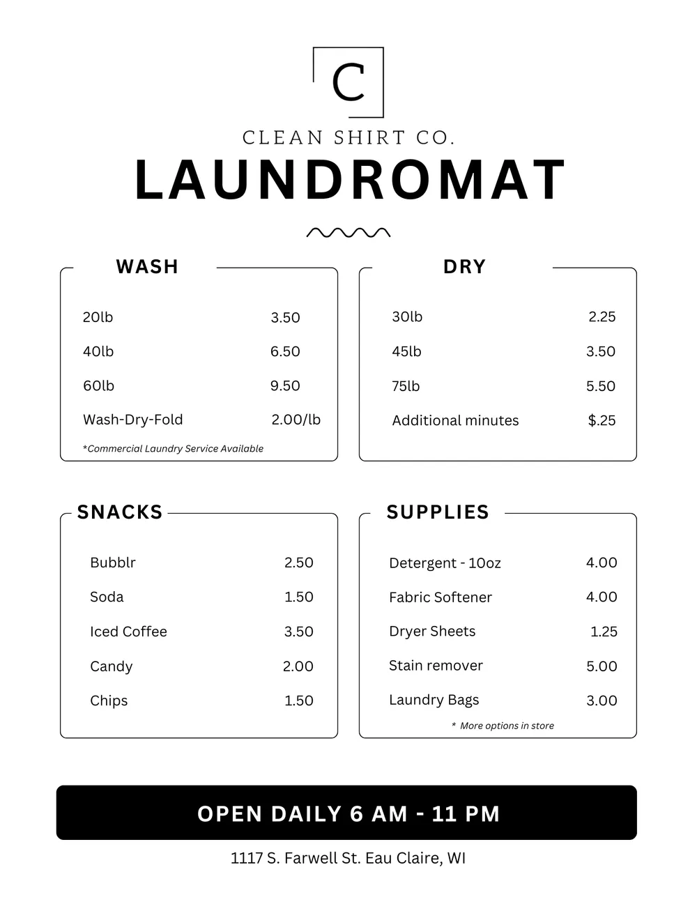 Clean Shirt Co. Laundromat Self Service Laundry Pricing